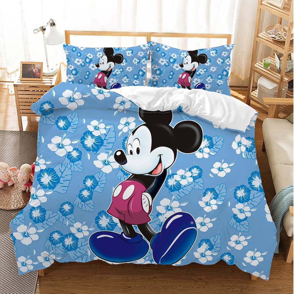 Blue Mickey Pussilakana Valkoisilla Kukilla