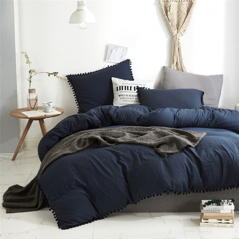 Tavallinen Pussilakana Pompoms Navy Blue