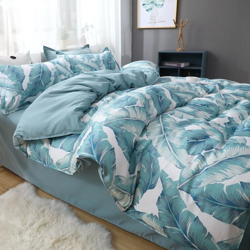 Vihreä Ja Valkoinen Tropical Flowers Pussilakana