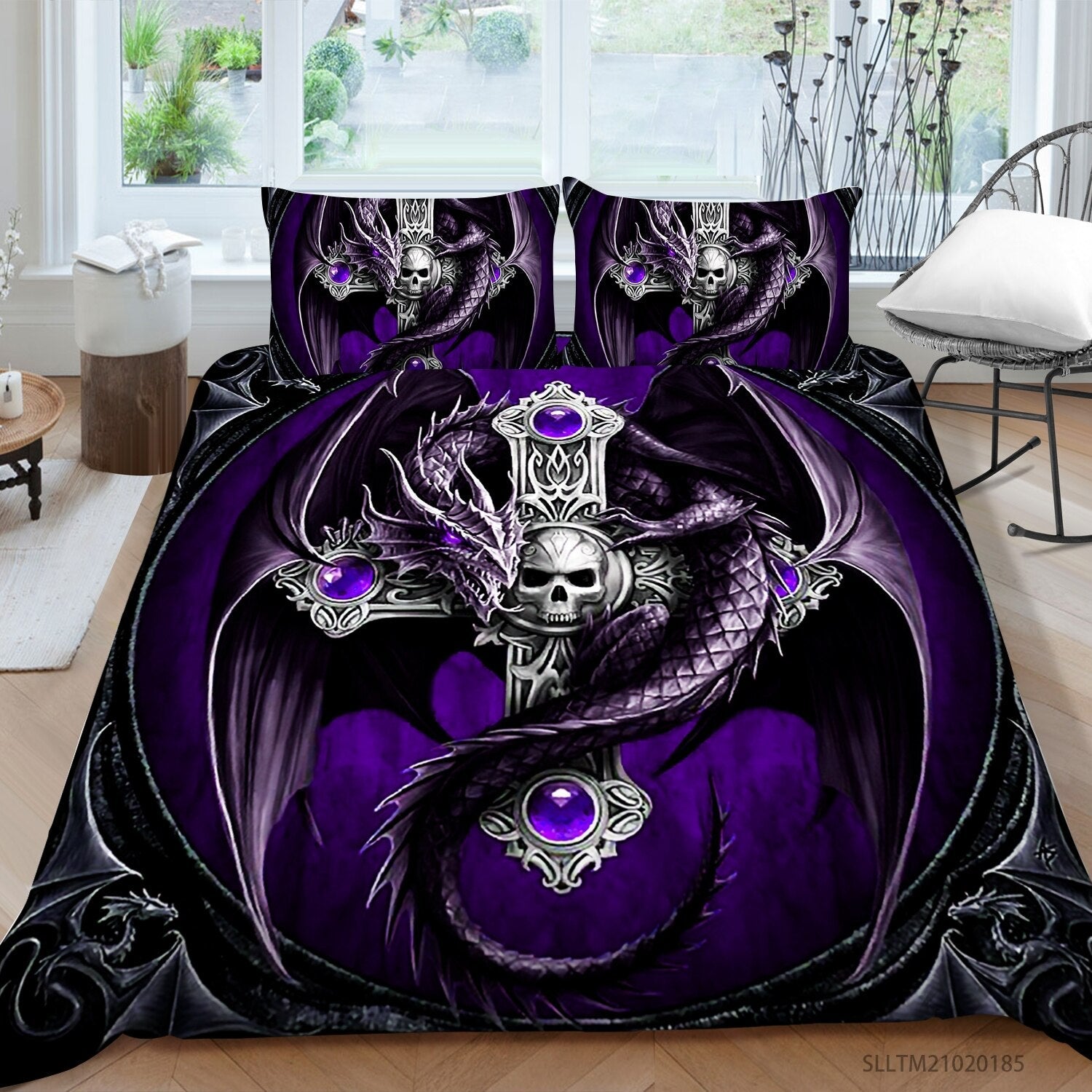 Purppura Skull And Dragon -Vuodevaatteet Setti